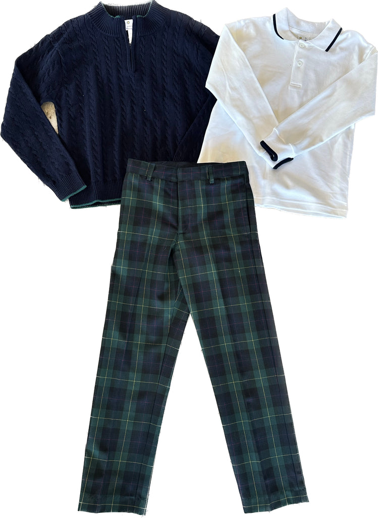 Boys 3 Piece Hunter Green / Navy Plaid Pant Sweater Set