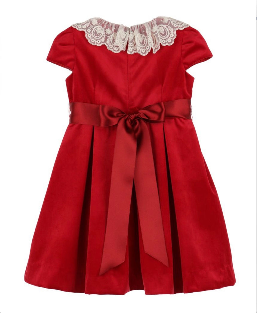 Red Velvet Dress with Satin Bow and Lace Collar