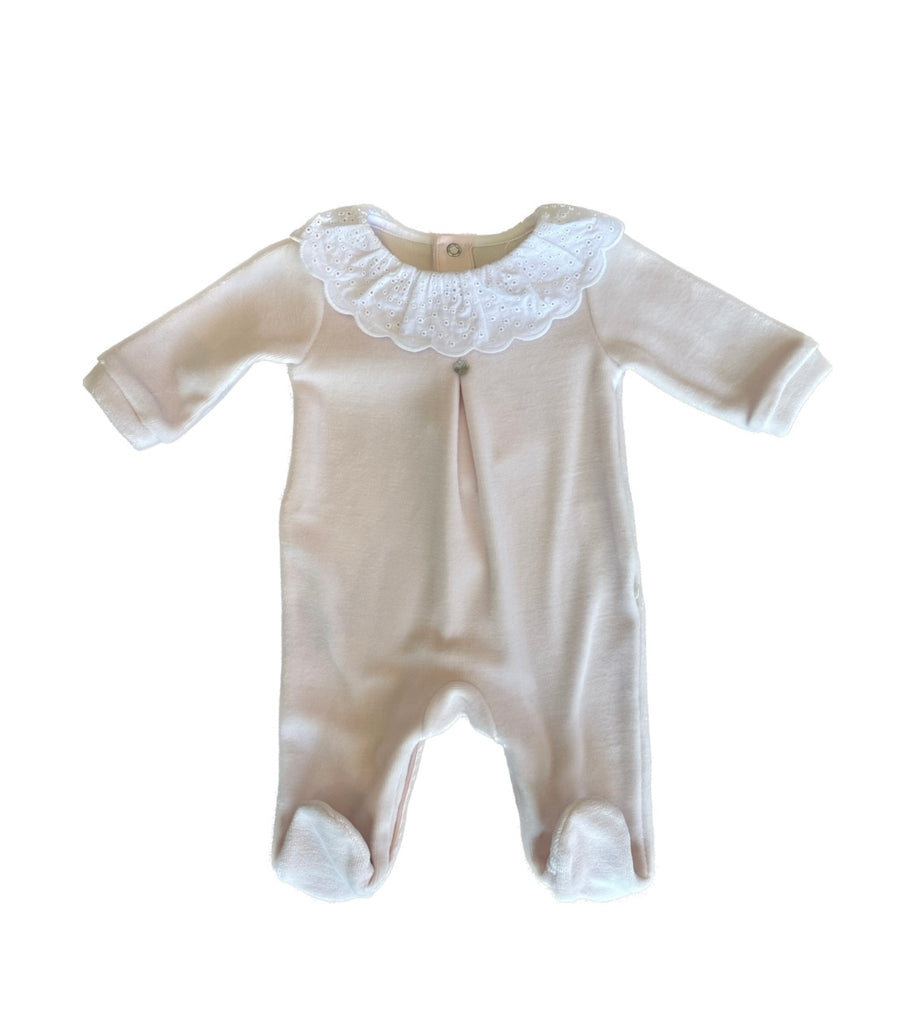 Light Pink Velour Footie with Lace Collar