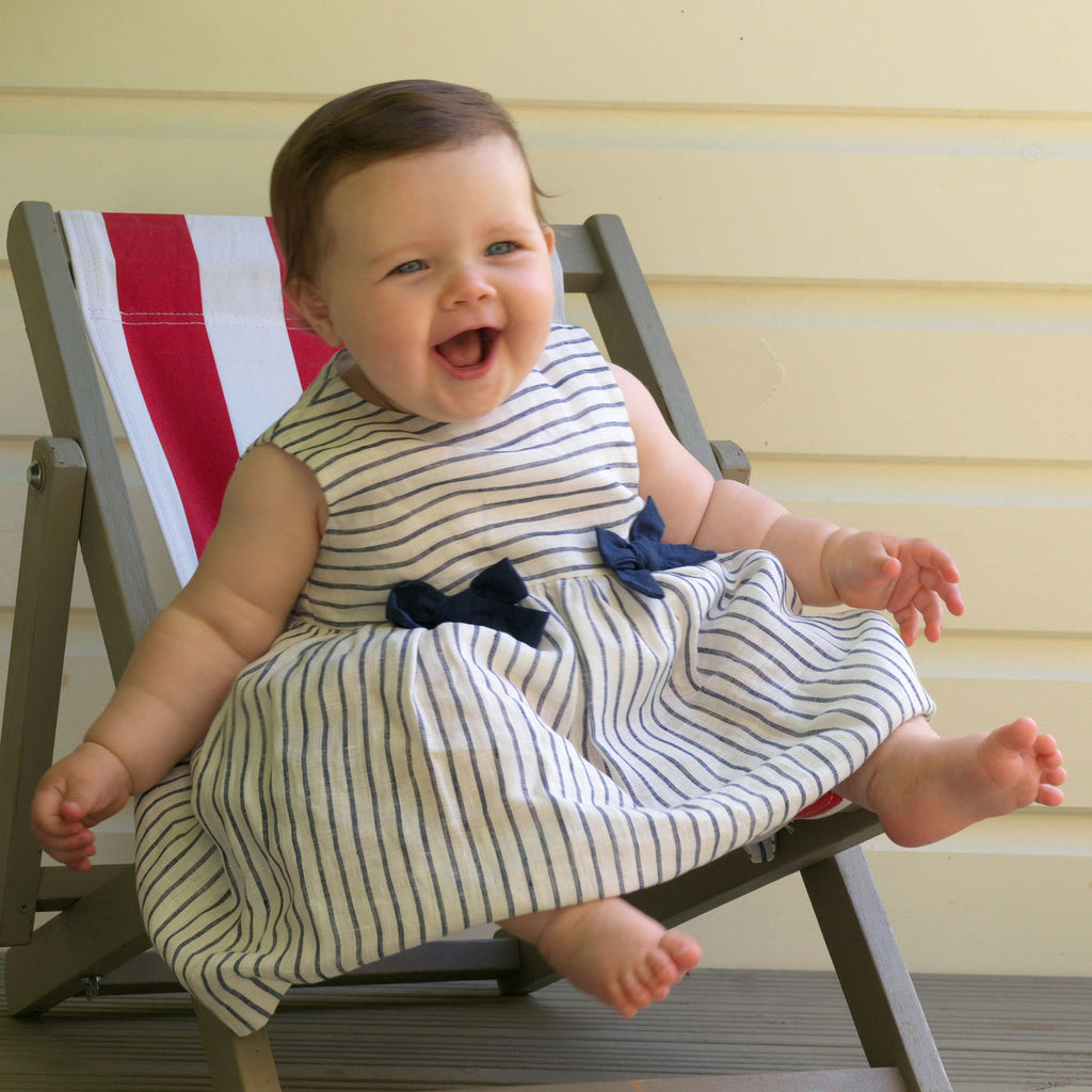 Navy Stripe Linen Bow Dress