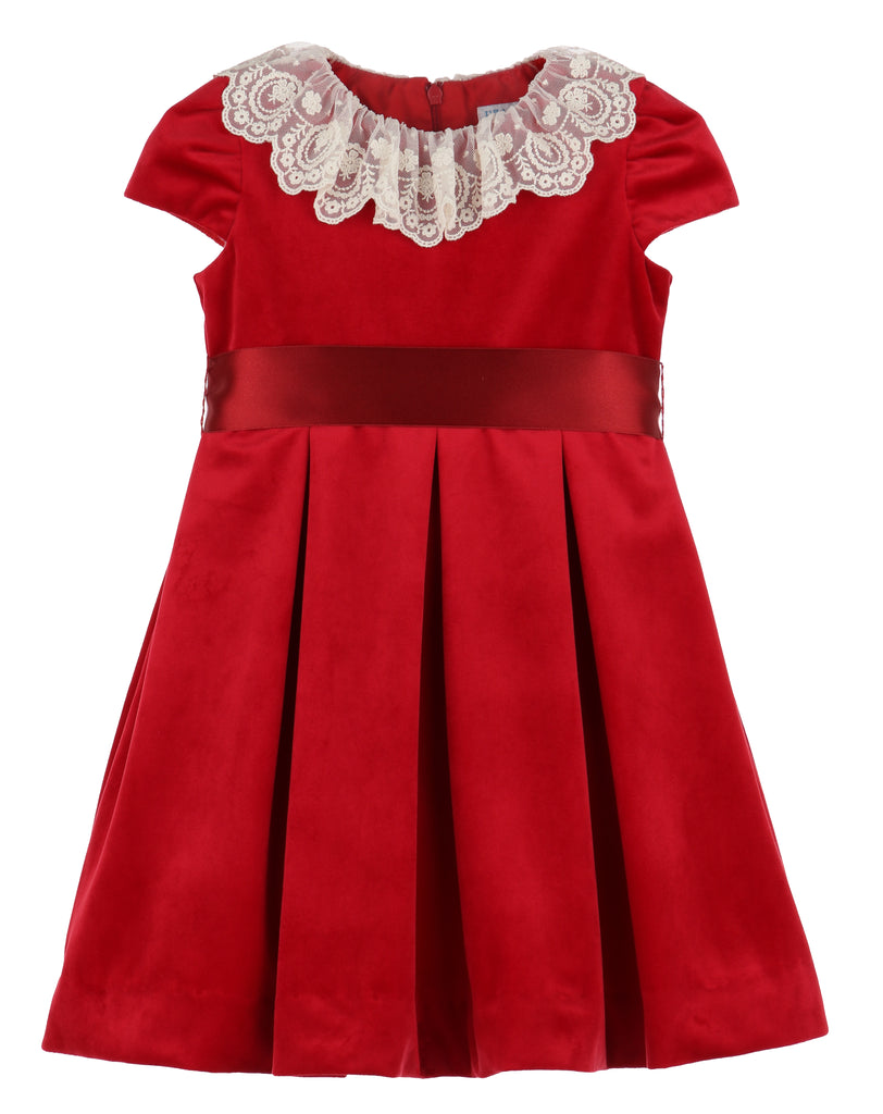 Luxe Velvet Dress w/ Lace Collar, Red