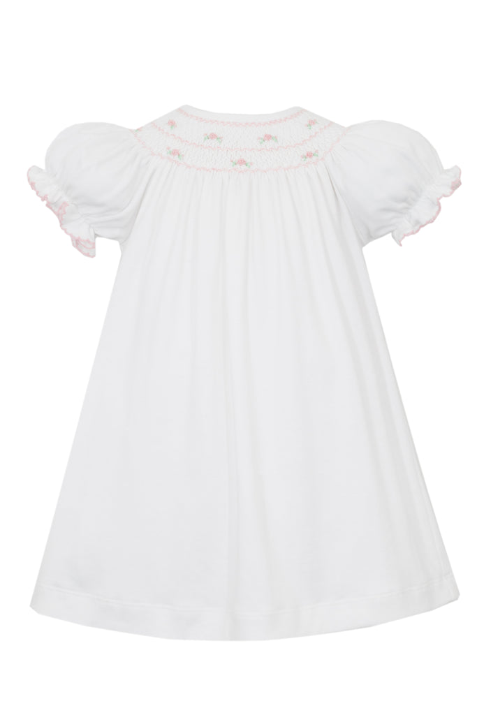 Hand Smocked Bishop, Pink Roses on White Pima