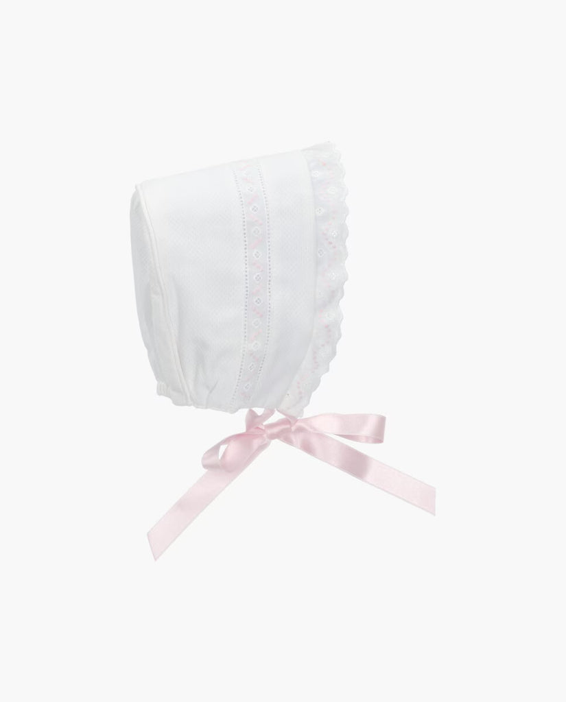 White Pique Bonnet with Pink Embroidery