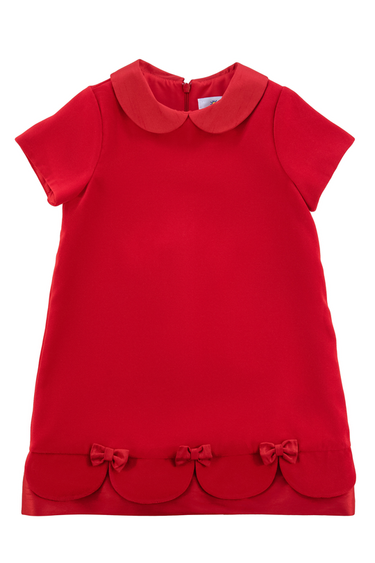 Red Velvet A-Line Dress w/ Silk Bows & Scallop Hem