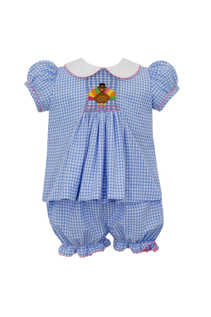 Hand Smocked Turkey Bloomer Set Dress on Blue Check