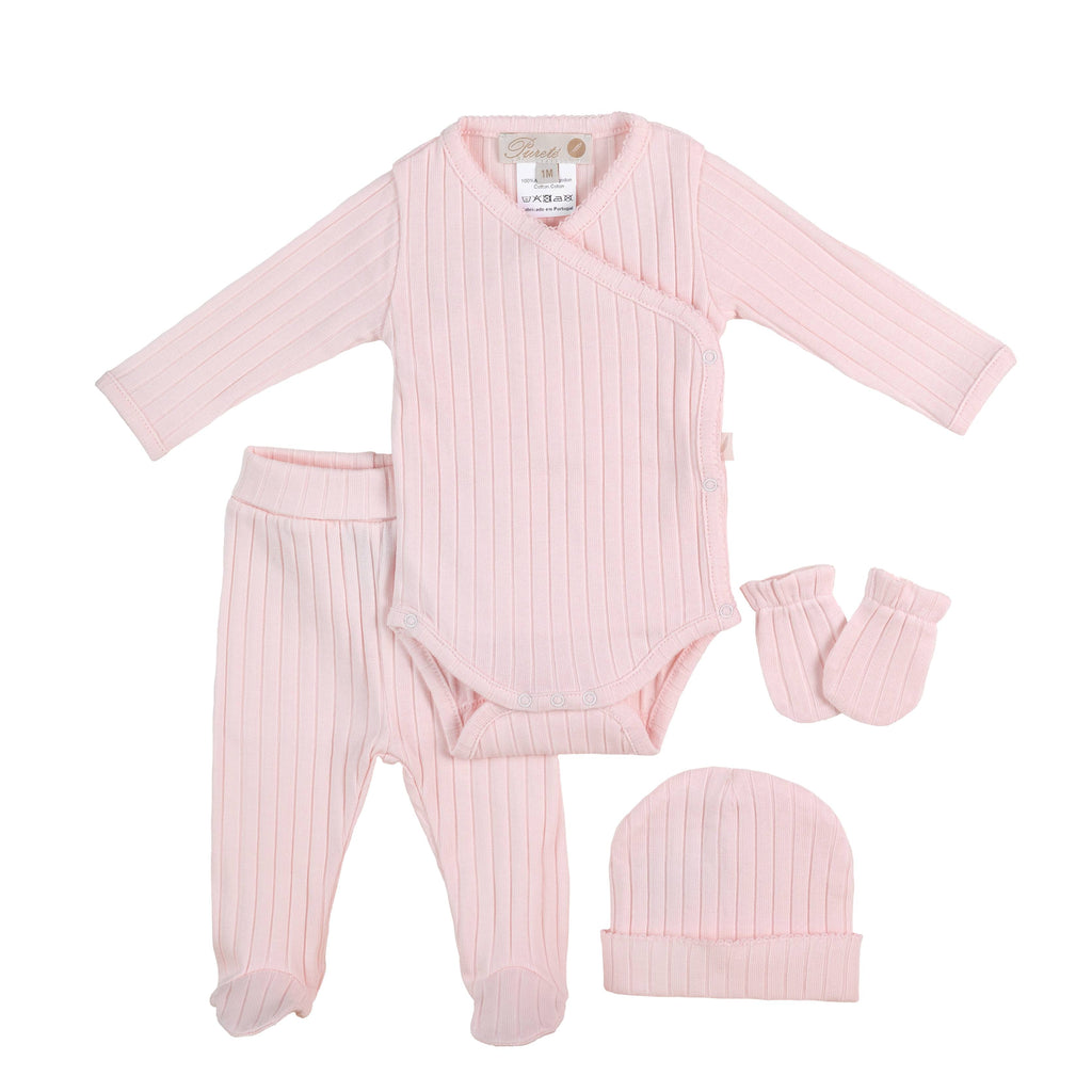 4 Piece Layette Set (onsie, footie, cap & mittens), Pink