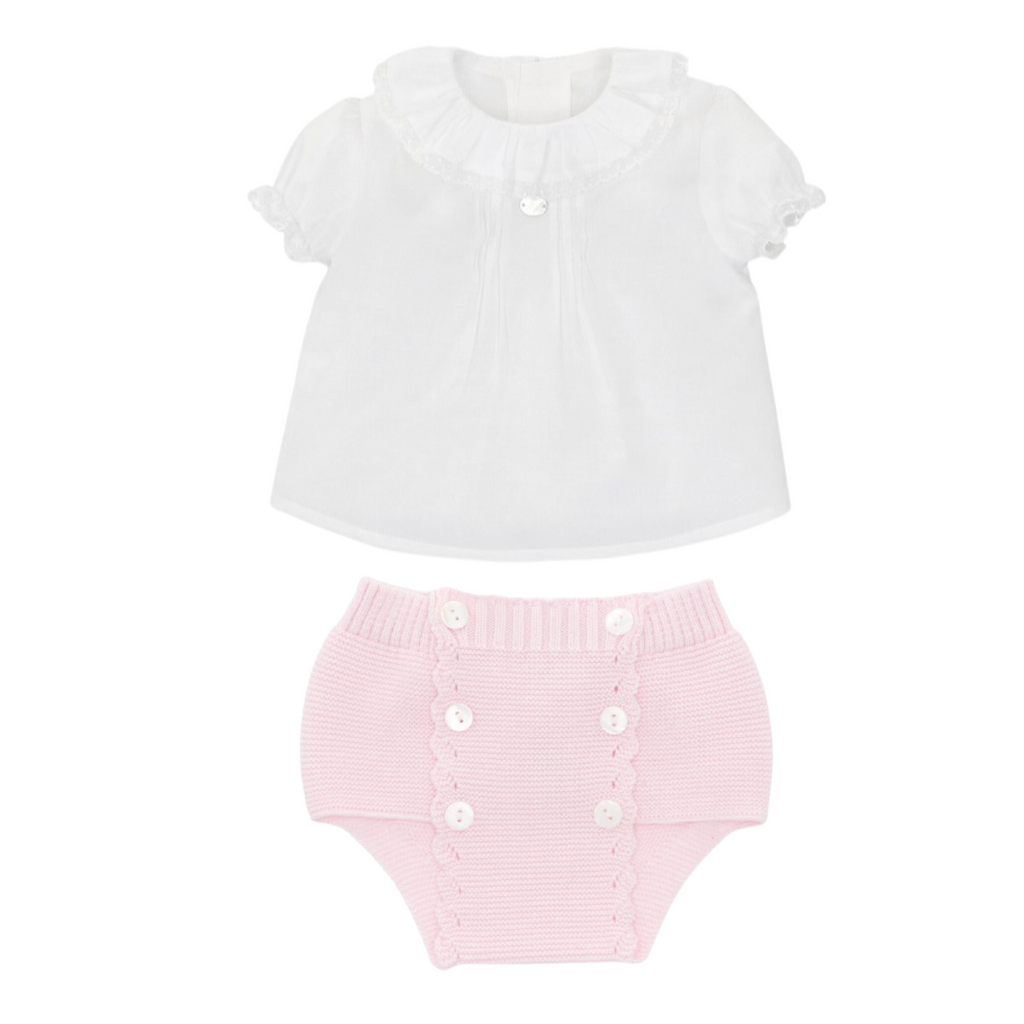 Pink Knit Diaper Set with Lace Blouse