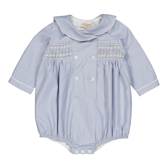 Hand Smocked Artic Blue Cotton Twill Boy Bubble