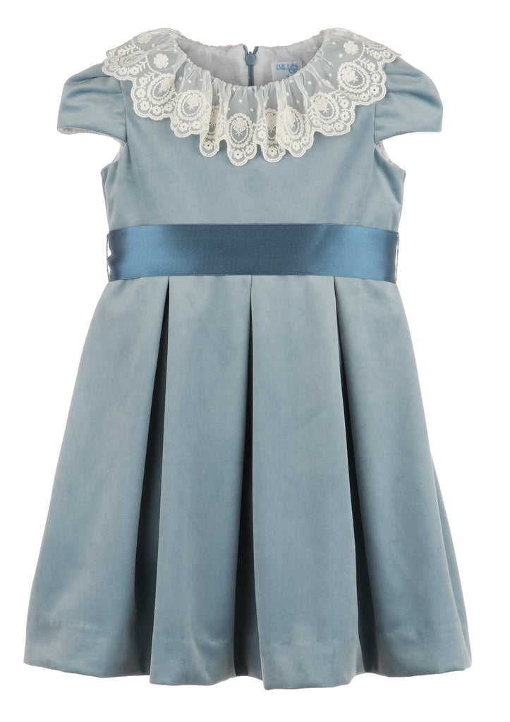 Luxe Velvet Dress w/ Lace Collar, Wedgewood Blue