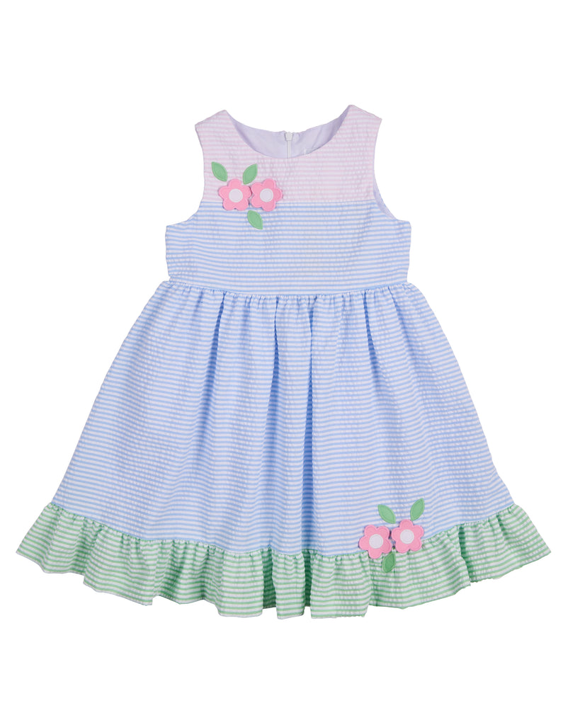 Pastel Seersucker Twirl Dress w/ Flowers