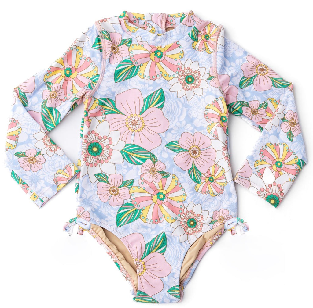 Retro Floral Long Sleeve Rash Guard Swimsuit