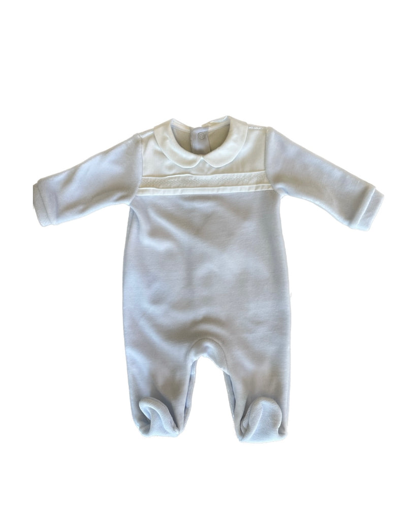 Light Blue Velour Footie with Hand Stitching on Chest