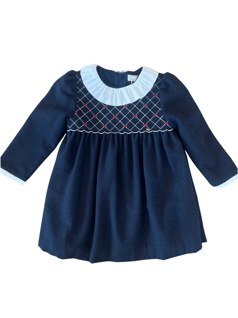 Navy Dress w/ Smocked Red Bows