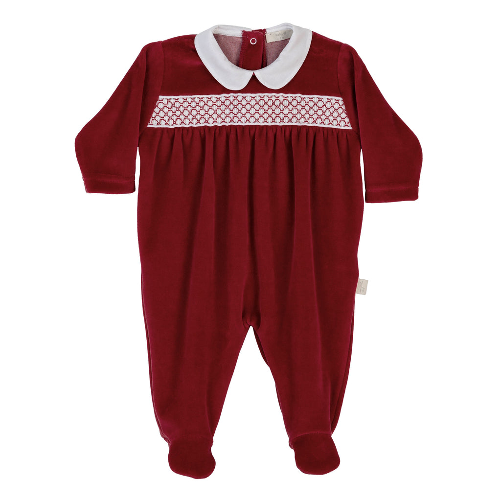 Hand Smocked Red Velour Footie & Cap