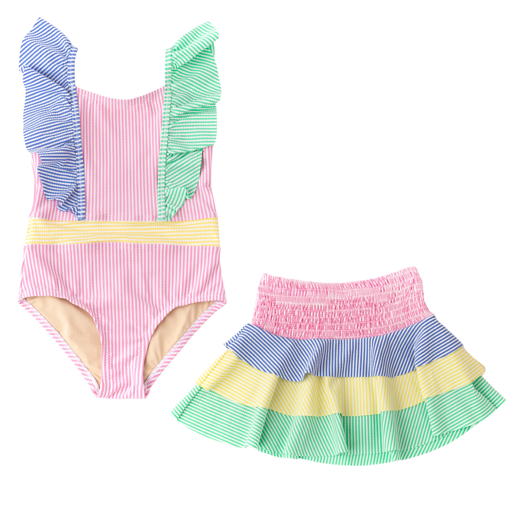 Multicolor Seersucker Swimsuit & Skirt