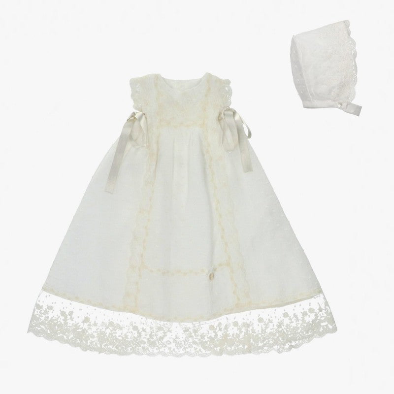 Ivory Lace Gown with Satin Side Bows and Bonnet 1M Ivory Lace Gown with Satin Side Bows and Bonnet 1M