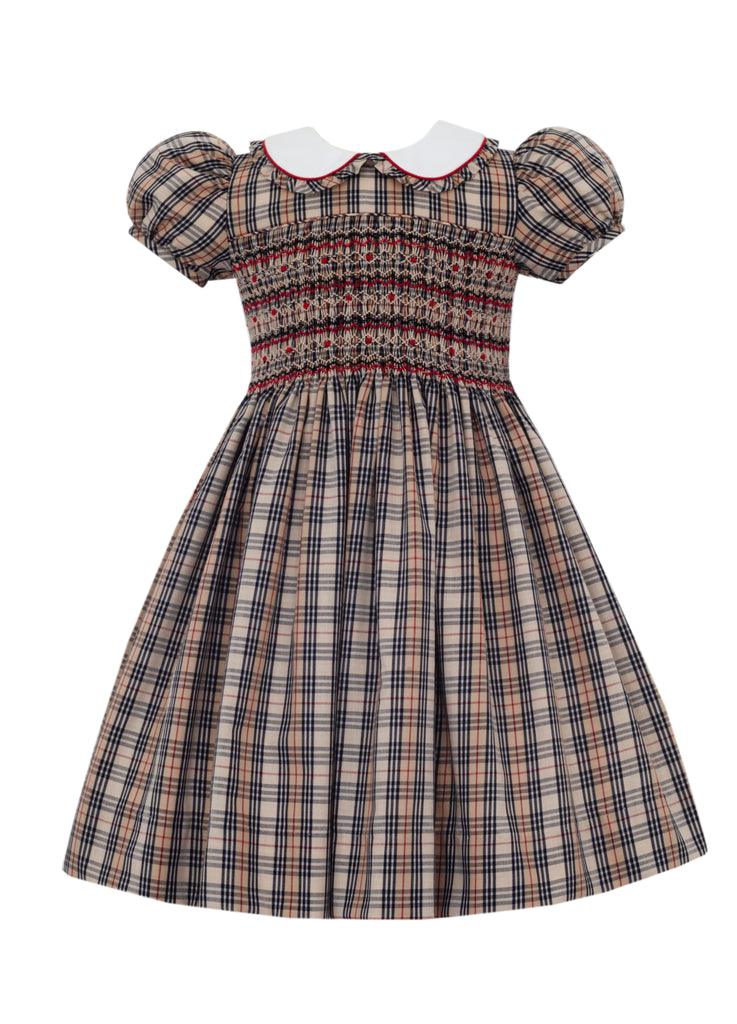 Khaki Plaid Full Bodice Hand Smocked Sashback