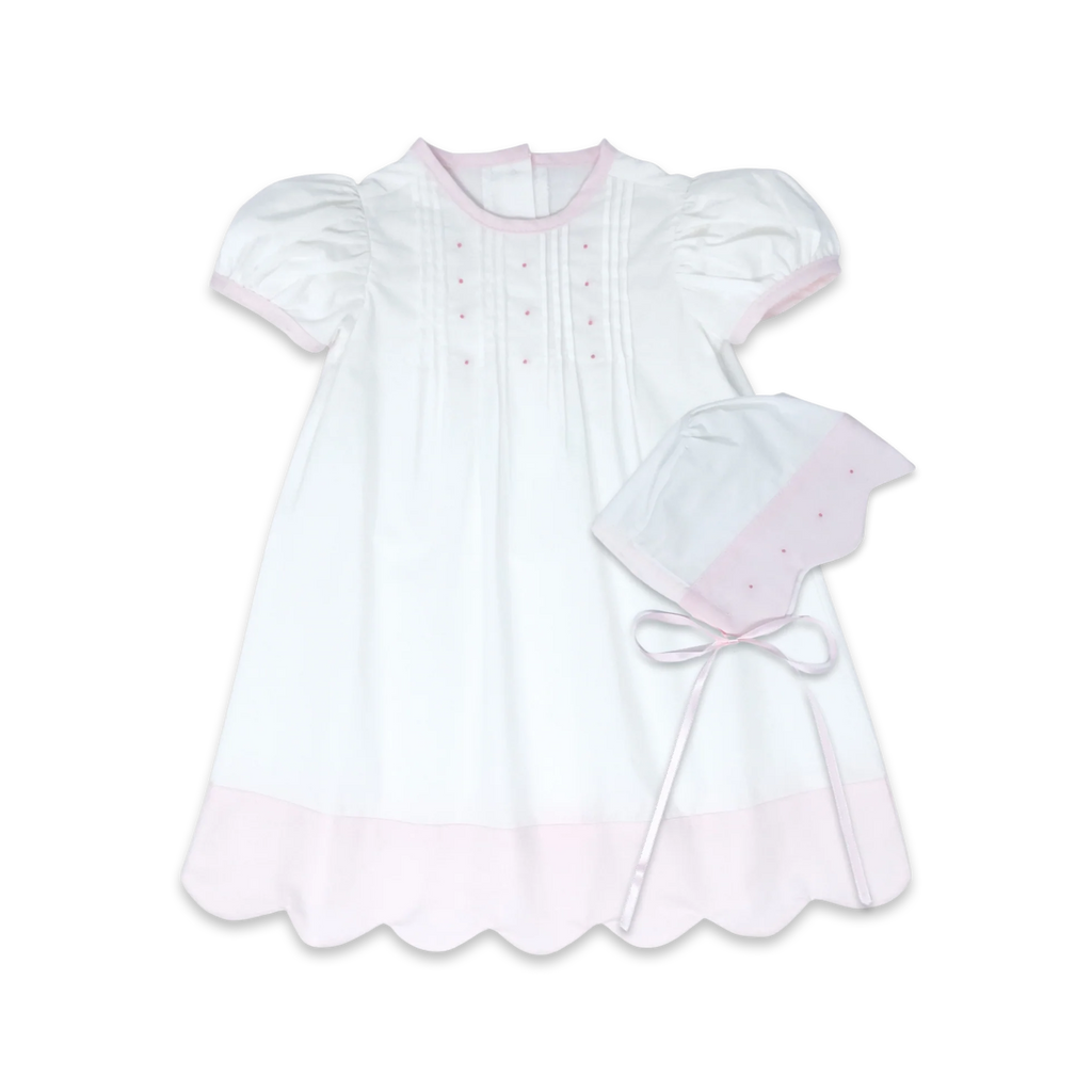Classic White & Pink Scallop Daygown with Bonnet