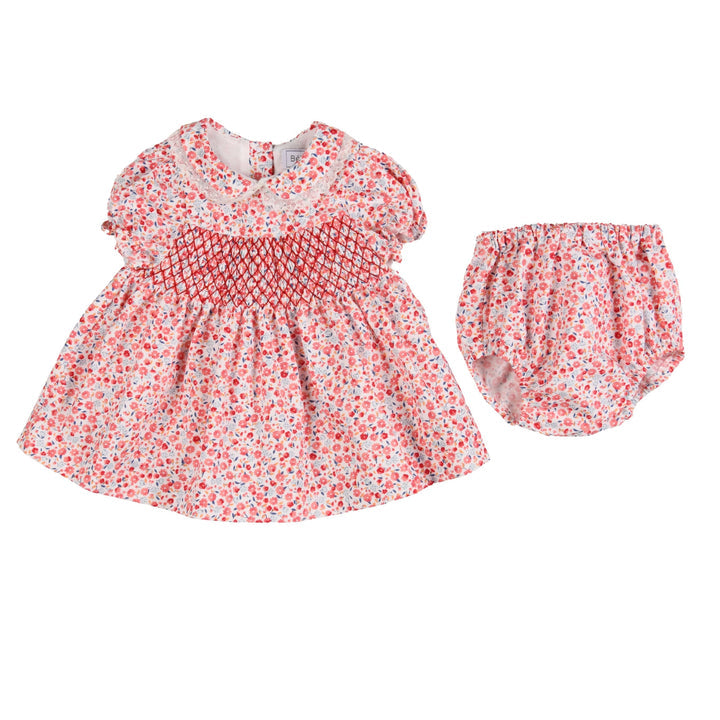 Hand Smocked Red Floral Dress w/ Bloomer