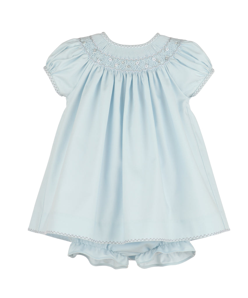 Ice Blue Smocked Flowers Bishop with Bloomer & Bonnet