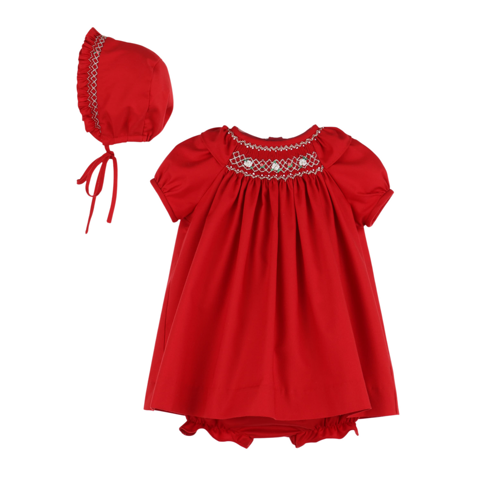 Red Smocked Holiday Bishop (sizes NB-24M w/ bloomer & bonnet)