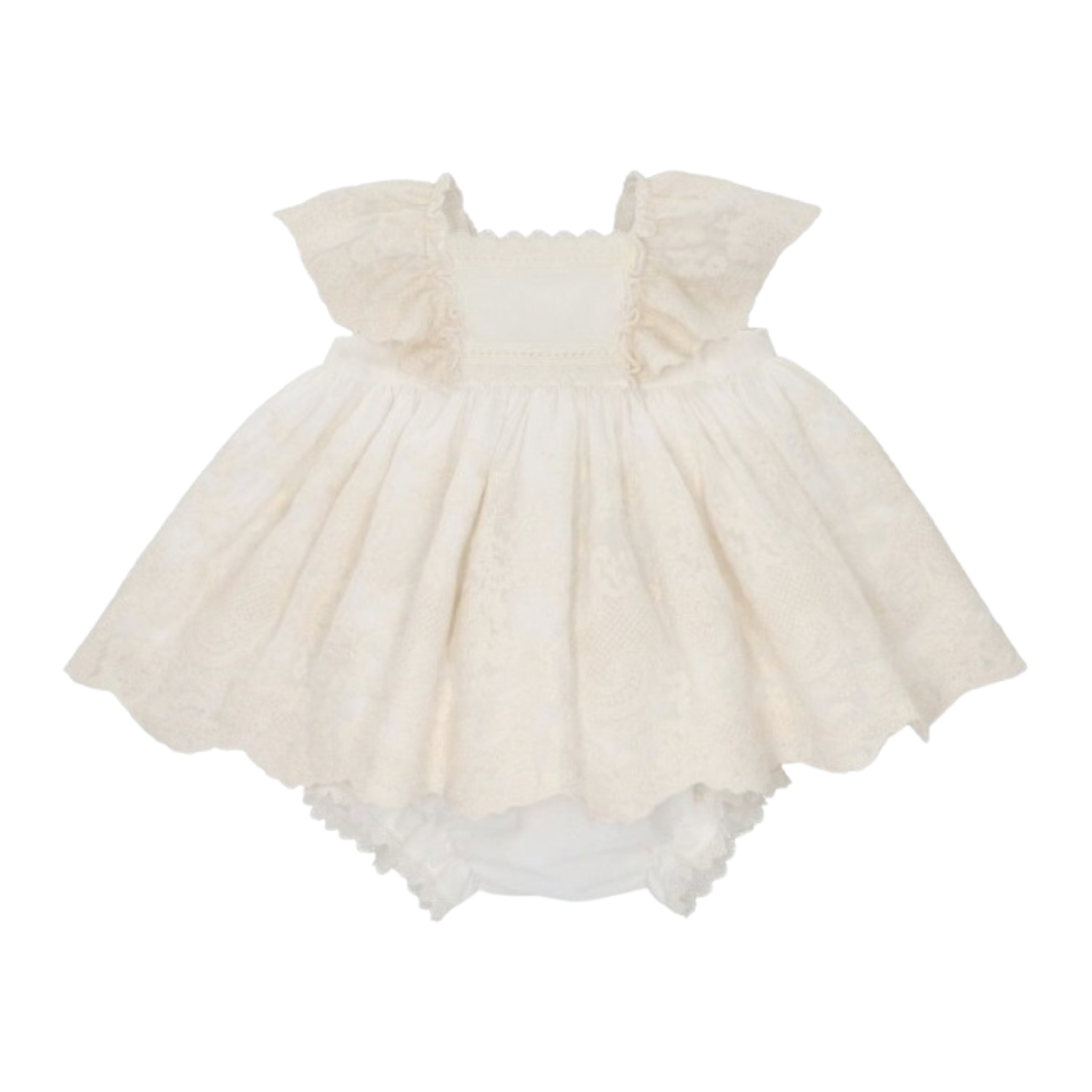 Embroidered Ivory Lace Dress with Bloomers & Bonnet 6M