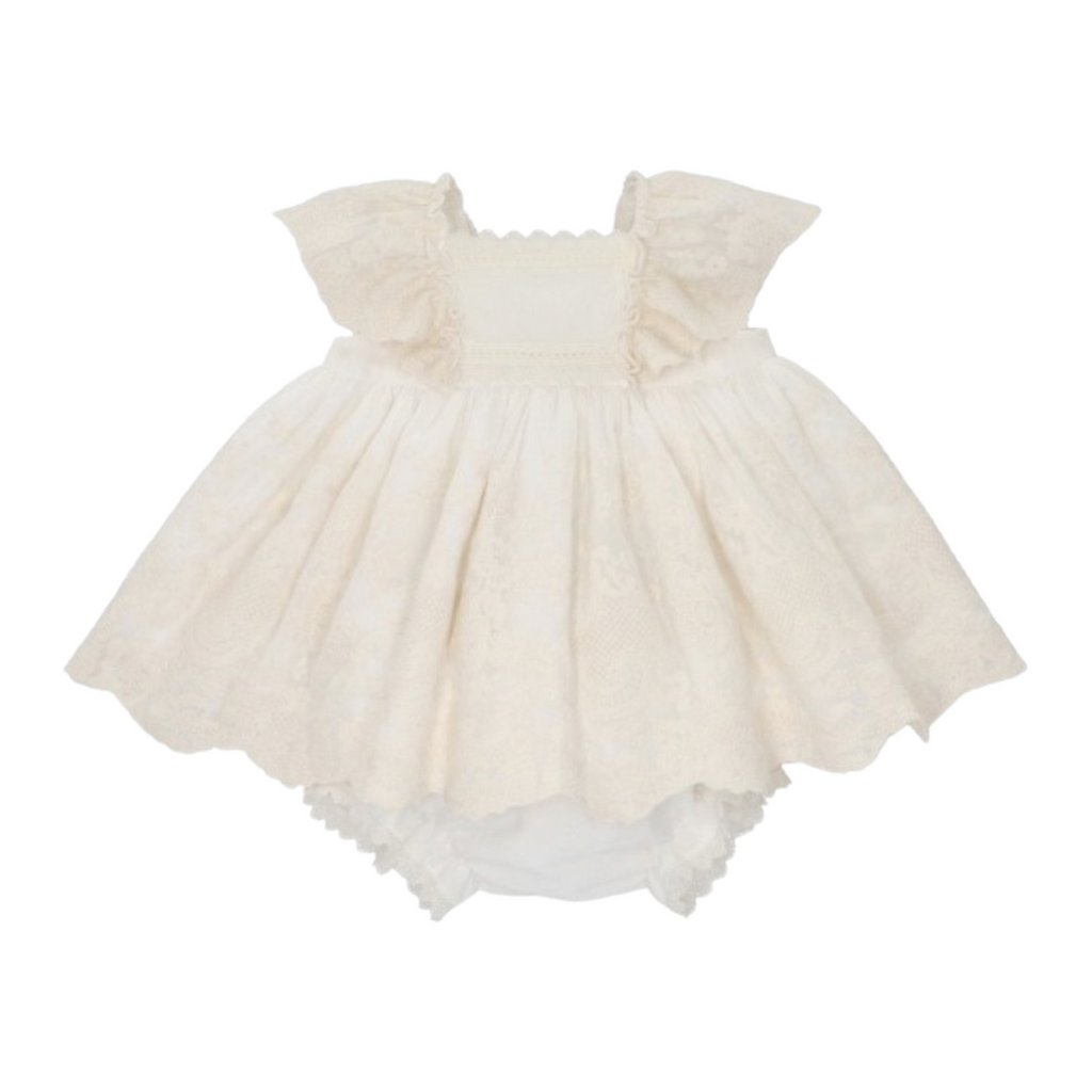 Embroidered Ivory Lace Dress with Bloomers & Bonnet