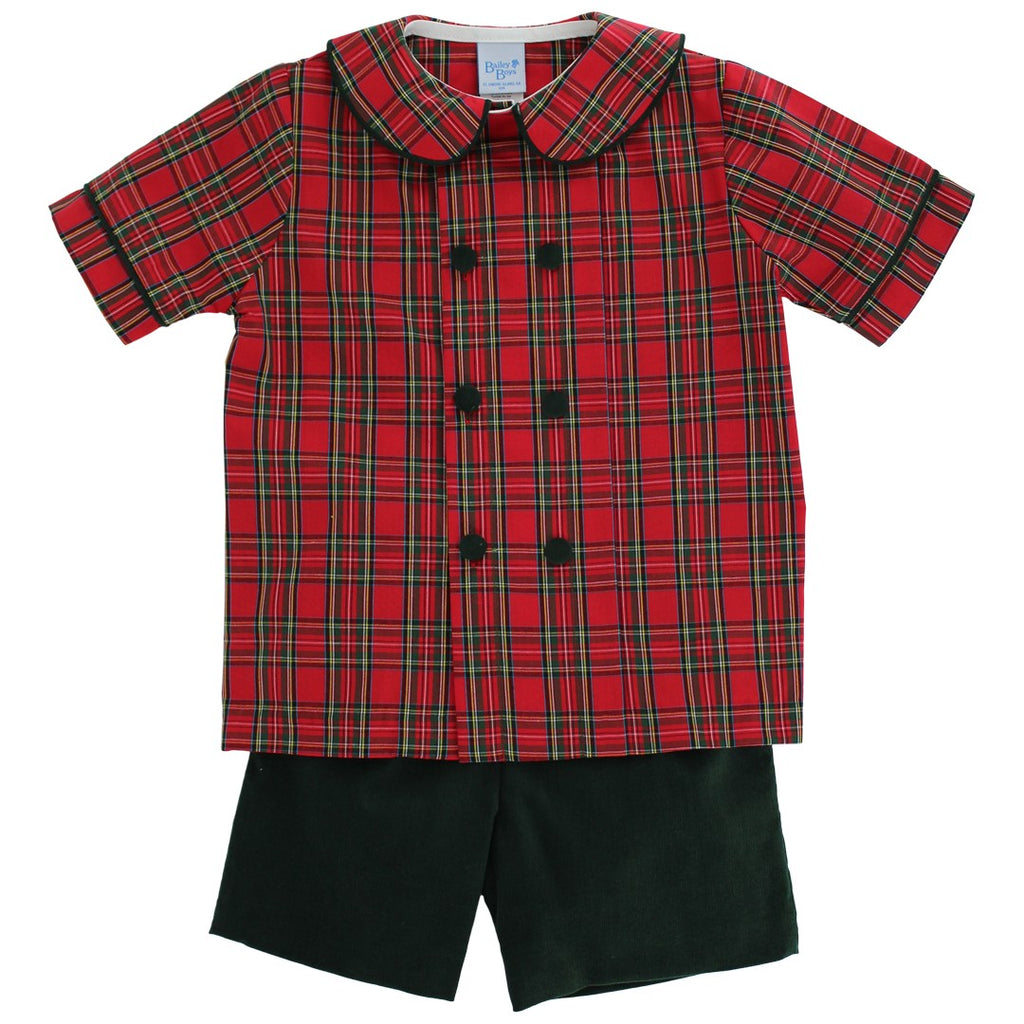 Forest Green Cord & Tartan Plaid Dressy Short Set