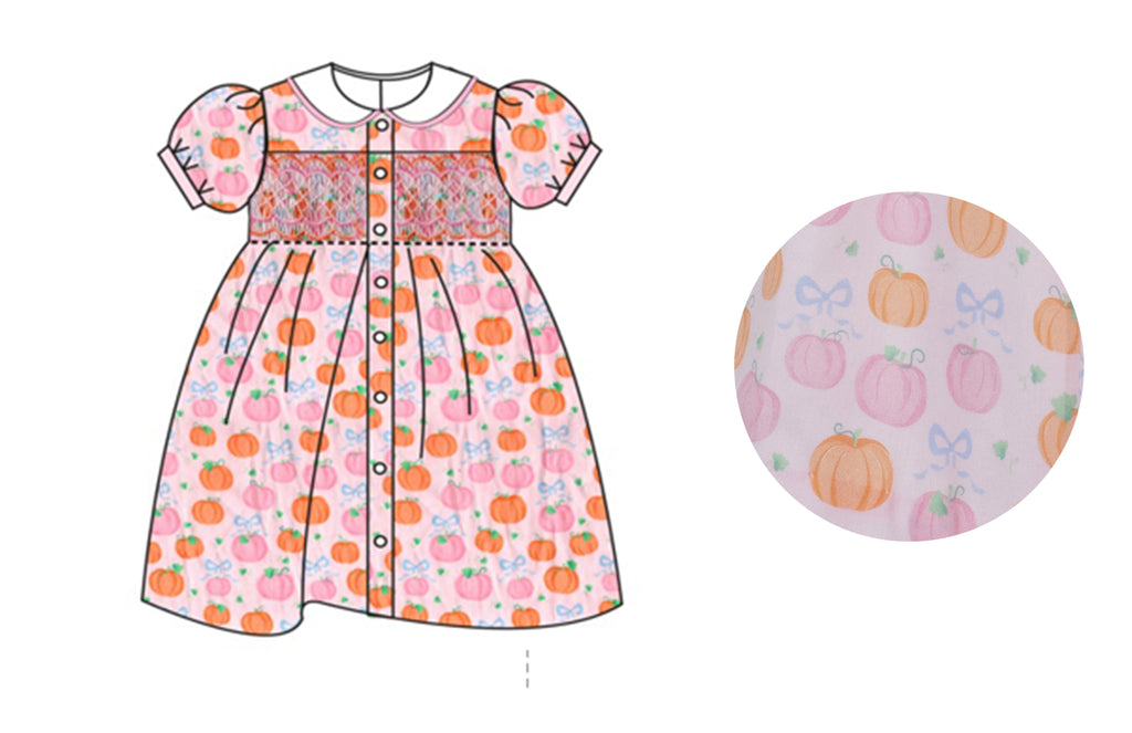 Pumpkin Print Smocked Button Front Dress