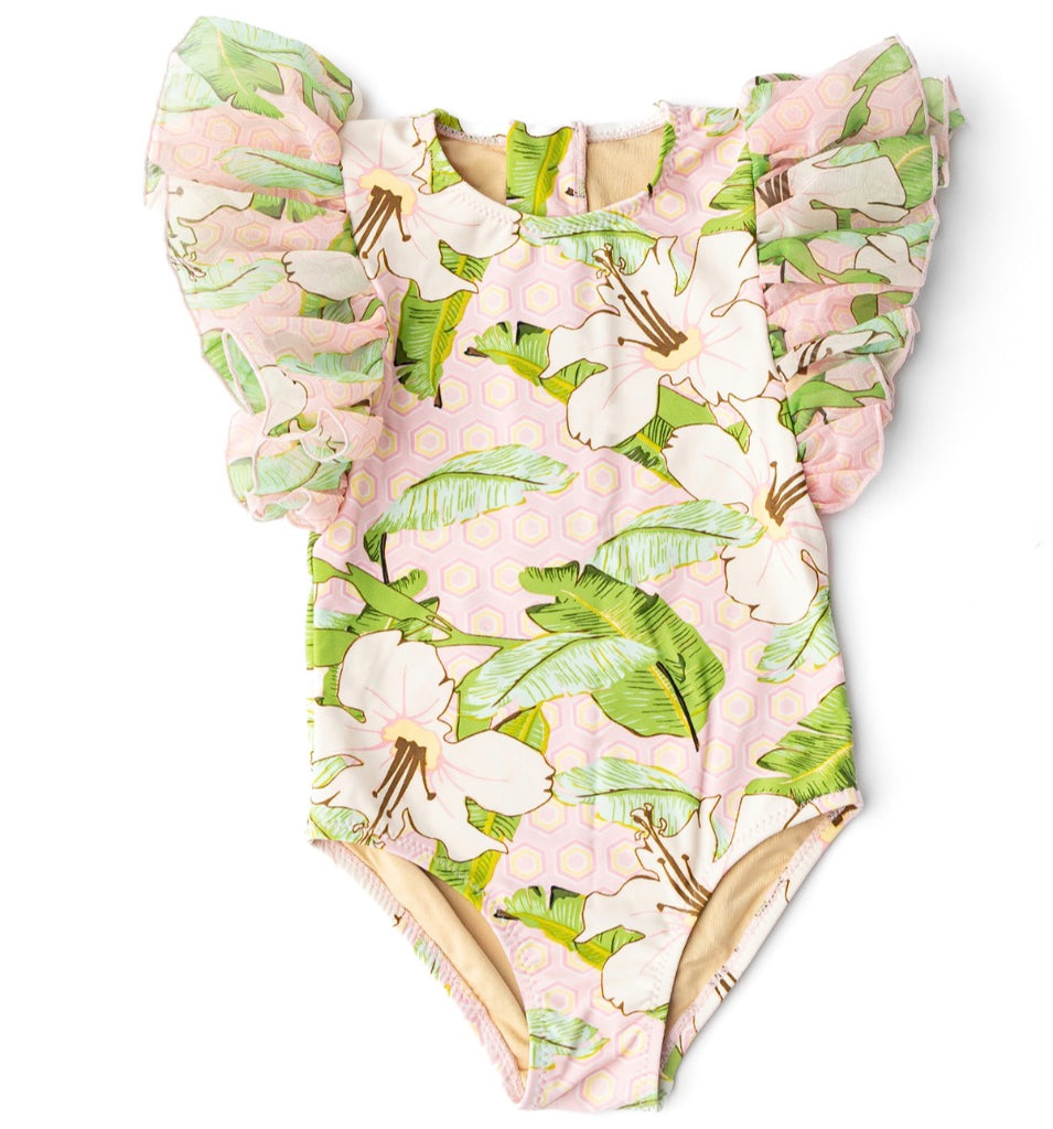 Pink Hibiscus w/ Tulle Sleeve Swimsuit