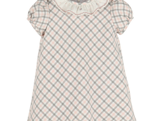 Pink & Grey Plaid A-Line Dress w/ Ruffle Collar