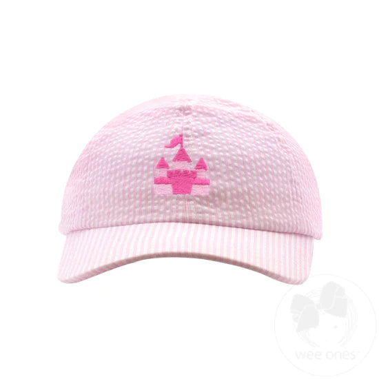 Girls Embroidered Pink Castle Seersucker Ball Cap