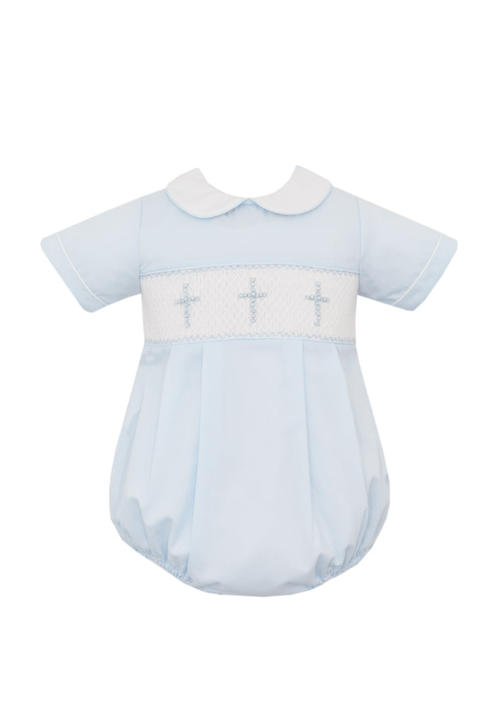 Hand Smocked Cross on Blue Batiste Bubble