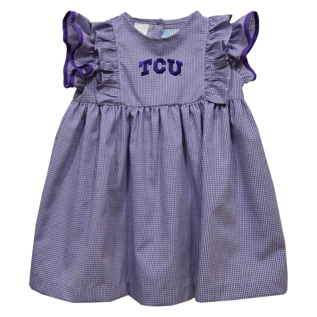 TCU Purple Gingham Ruffle Shoulder Dress