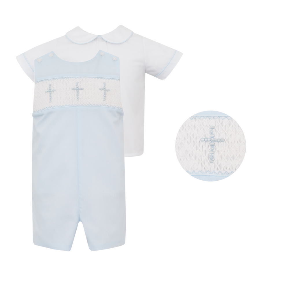 Hand Smocked Crosses on Blue Batiste w/ Matching Peter Pan