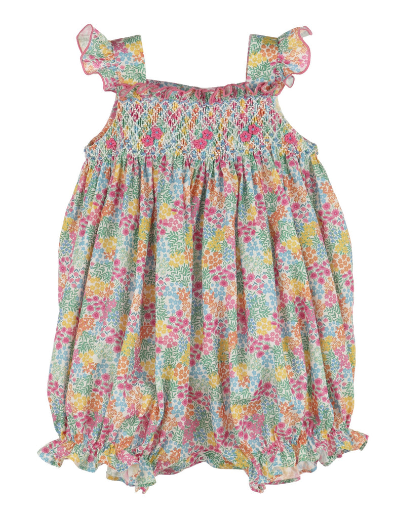 Bright Floral Smocked Ruffle Bubble