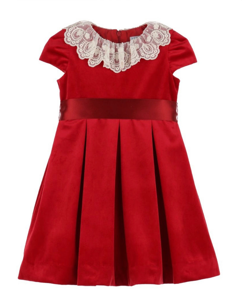 Red Velvet Dress with Satin Bow and Lace Collar