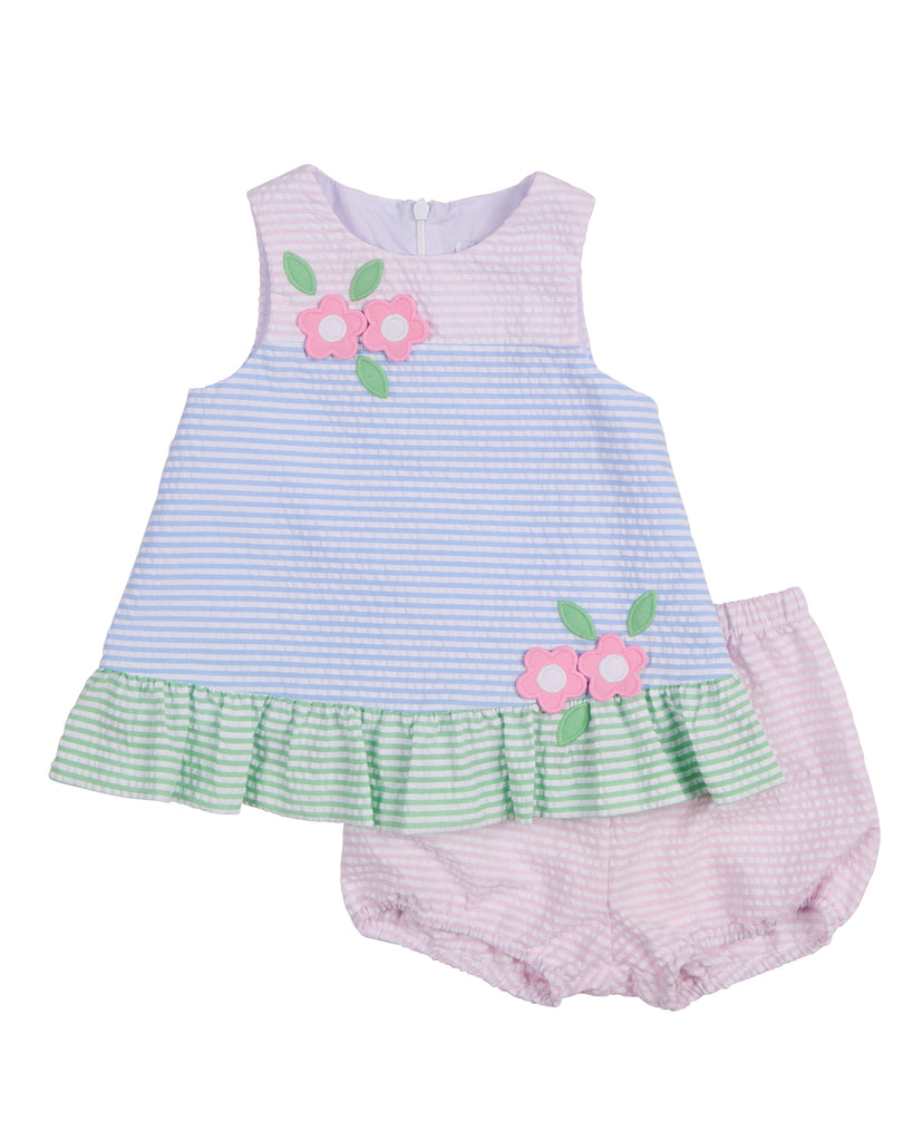 Pastel Seersucker Bloomer Set w/ Flowers