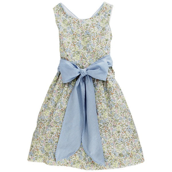 Voile Floral Meadow Spring Dress w/ Micro Gingham Sash