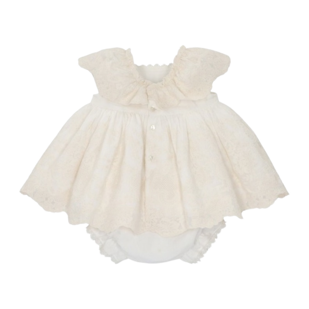 Embroidered Ivory Lace Dress with Bloomers & Bonnet
