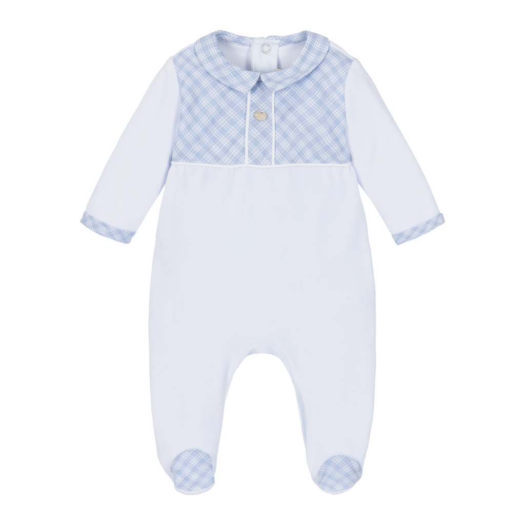 Blue Velour Footie with Tattersall Plaid Accents