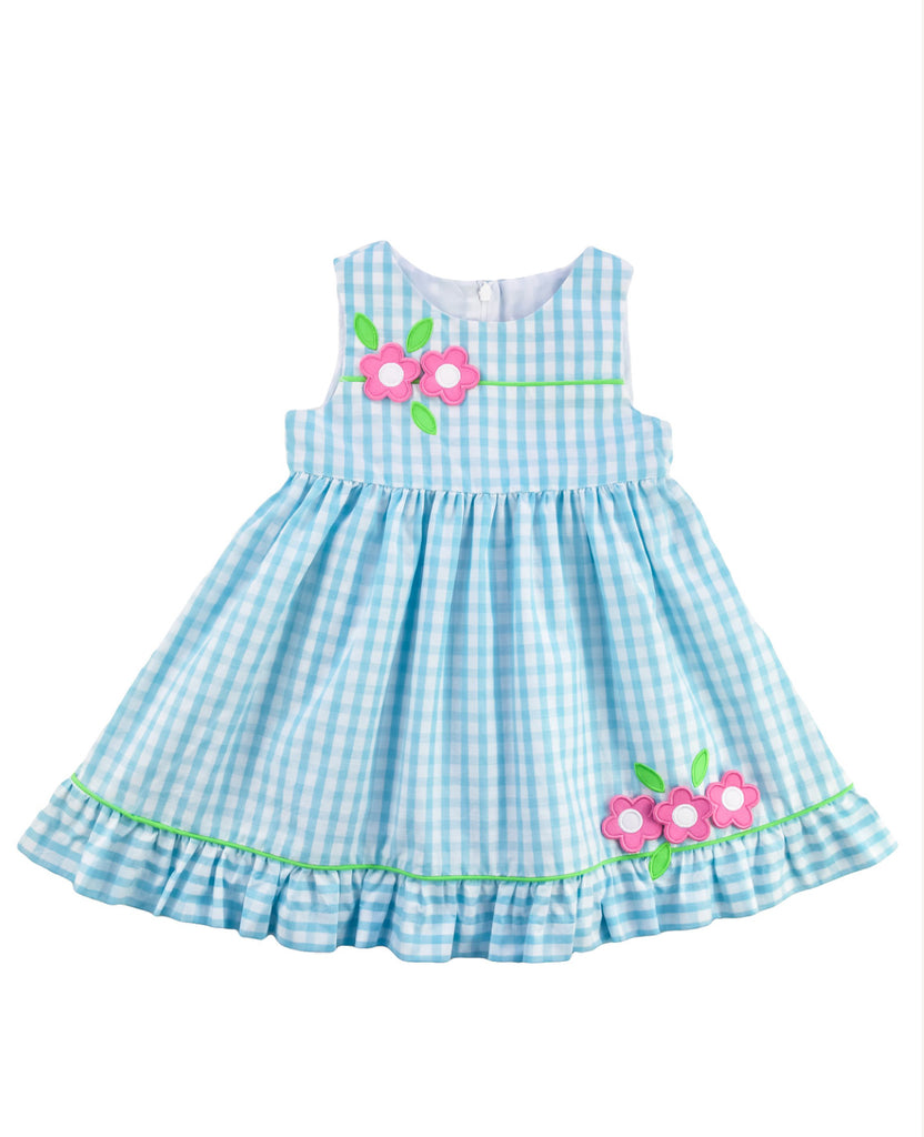 Turquoise Check Dress w/ Flowers