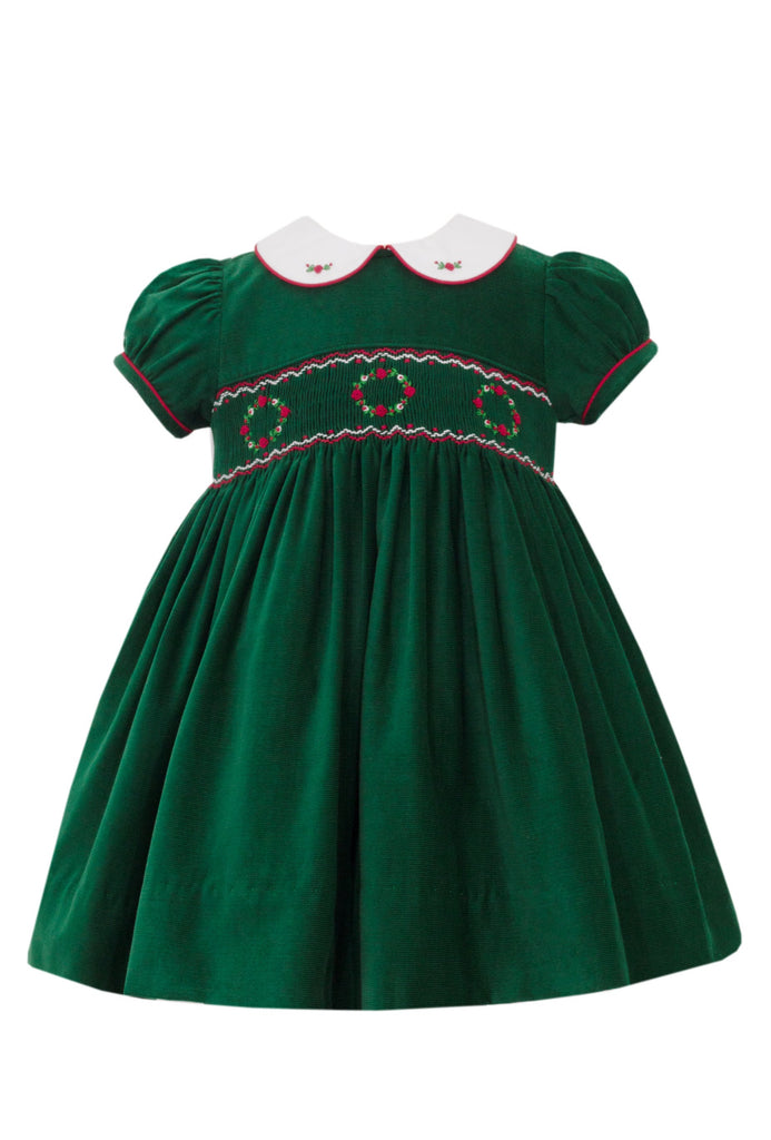 Emerald Green Hand Smocked Wreaths Sash Back Dress, Infant