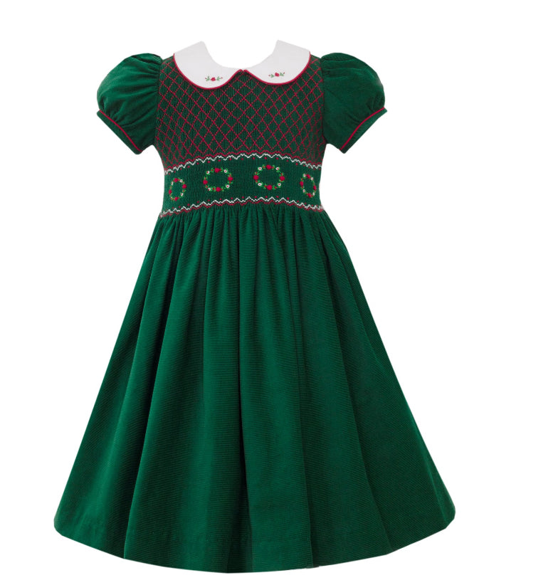 Emerald Green Cord w/ Hand Smocked Wreaths Sash Back Dress