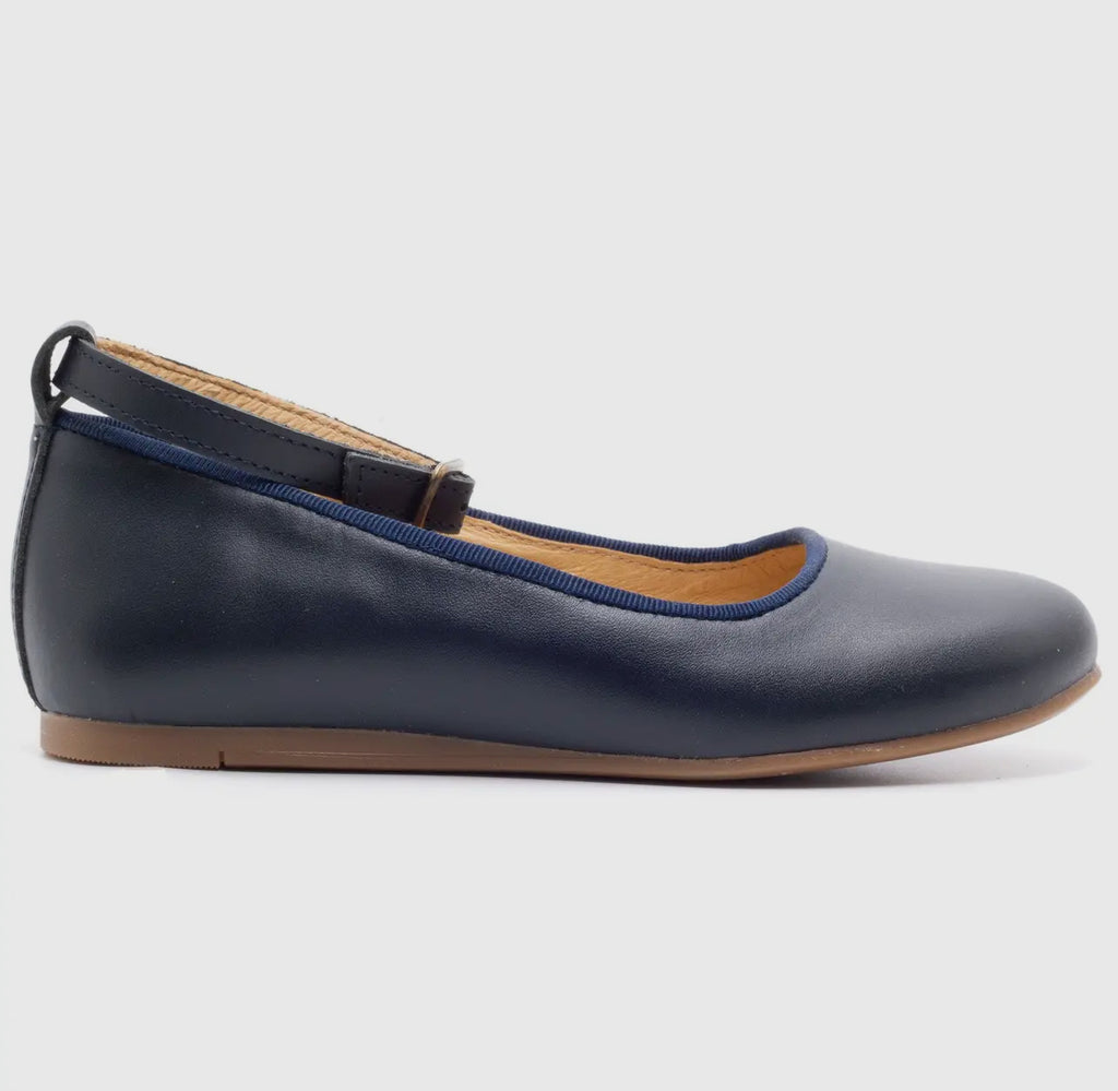 Navy Leather Ballerina Flat w/ Ankle Strap