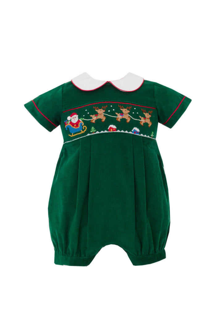 Hand Smocked Santa’s Sleigh on Green Cord Bubble