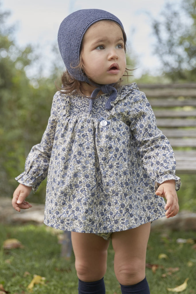 Blue Floral Smocked Dress with Bloomer
