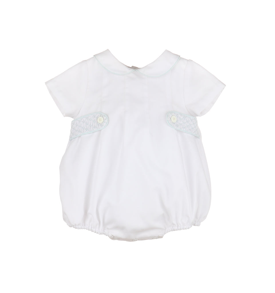 White Smocked Boys Bubble with Tabs