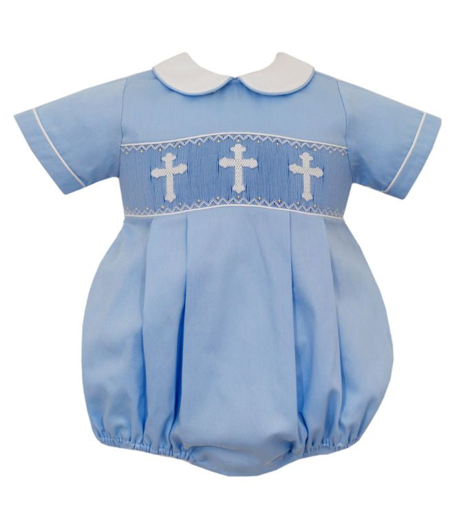 Hand Smocked Crosses on Blue Pique Bubble