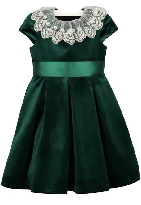 Luxe Velvet Holly Green Dress w/ Lace Collar & Sash